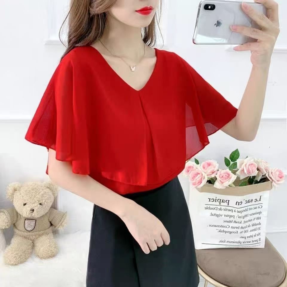 ใหม่ชีฟองแขนสั้นเสื้อสุภาพสตรีเกาหลีหลวมบางแฟชั่นท็อปส์