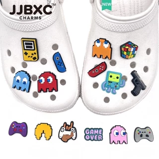 JJBXC ตัวติดรองเท้า charm ลายเกมอาร์เคด ตัวกลม สีฟ้า น่ารัก สไตล์เรโทร แฟชั่น ตกแต่งรองเท้า อุปกรณ์ตกแต่งรองเท้า
