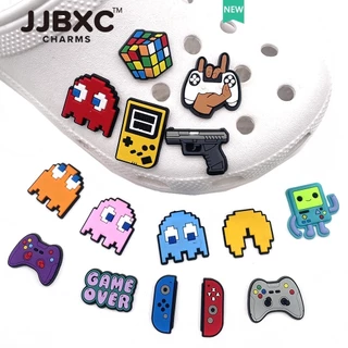 JJBXC ตัวติดรองเท้า charm ลายเกมอาร์เคด ตัวกลม สีฟ้า น่ารัก สไตล์เรโทร แฟชั่น ตกแต่งรองเท้า อุปกรณ์ตกแต่งรองเท้า
