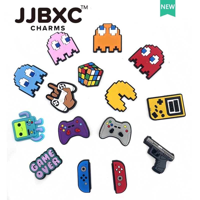 JJBXC ตัวติดรองเท้า charm ลายเกมอาร์เคด ตัวกลม สีฟ้า น่ารัก สไตล์เรโทร แฟชั่น ตกแต่งรองเท้า อุปกรณ์ตกแต่งรองเท้า