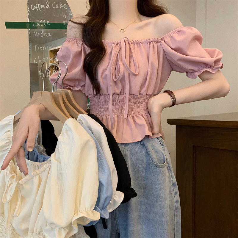 เสื้อครอปปิดไหล่ด้านบนสําหรับผู้หญิงฝรั่งเศสพัฟแขนเสื้อธรรมดา ข โอดีคอน ยืดหยุ่นด้านบนเป็นมิตรกับผิว