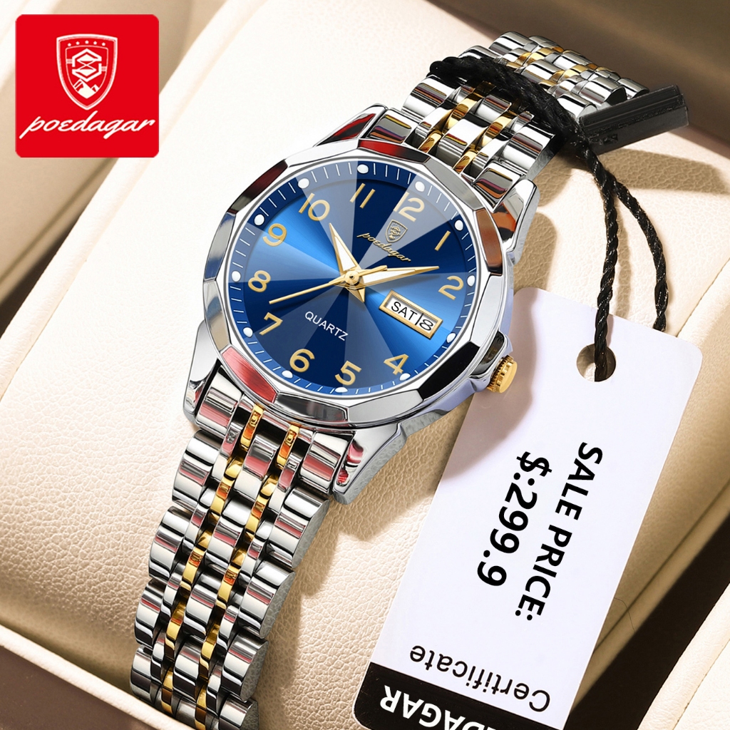 POEDAGAR นาฬิกาข้อมือผู้หญิง กันน้ํา 100% แท้แฟชั่น สายสเตนเลส เรืองแสง รูปแบบธุรกิจ นาฬิกาควอทซ์ 3078