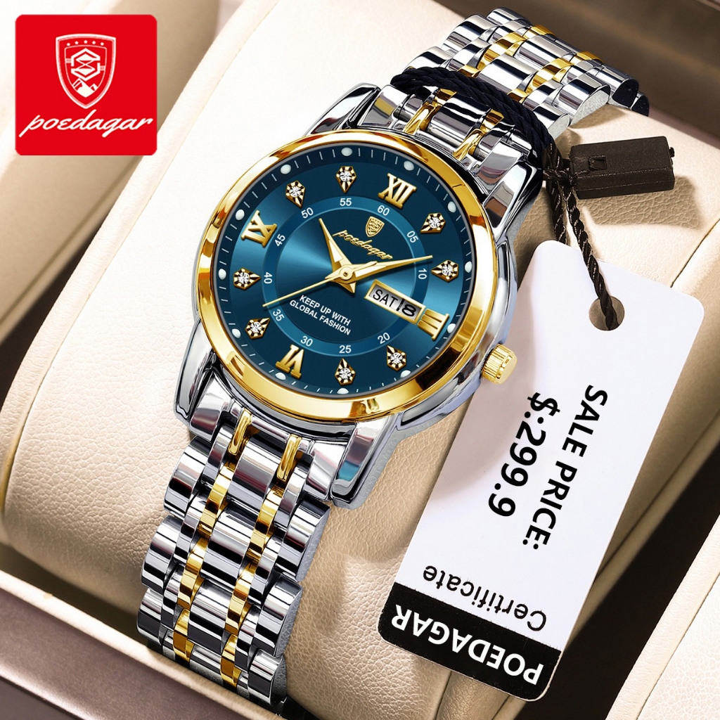 POEDAGAR นาฬิกาข้อมือผู้หญิง กันน้ำ 100% สายสเตนเลส นาฬิกาผู้หญิง สีขาว สีดำ ทอง เงิน แฟชั่น นาฬิกาหญิง 769