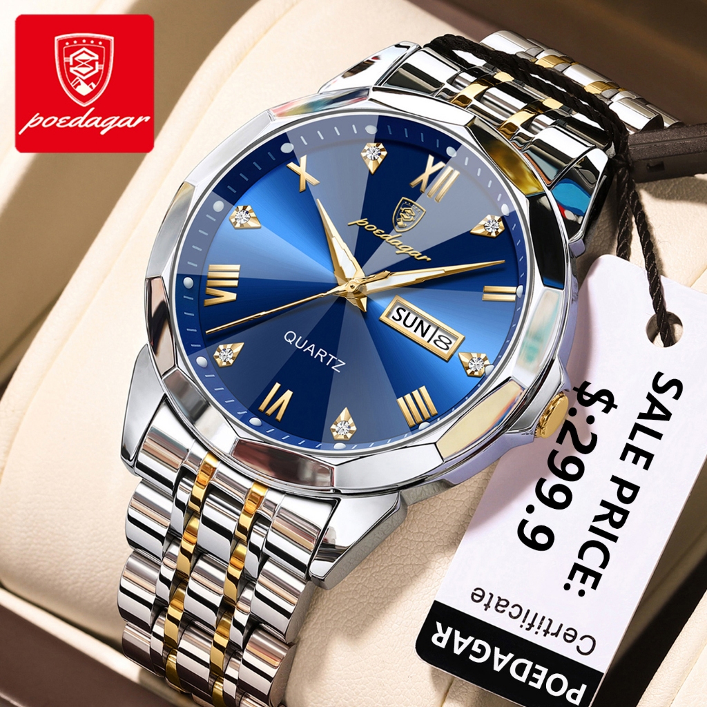 POEDAGAR นาฬิกาผู้ชาย กันน้ำ 100% แท้ ธุรกิจ กีฬา รับประกัน พร้อมกล่อง ดูเวลา ดู
