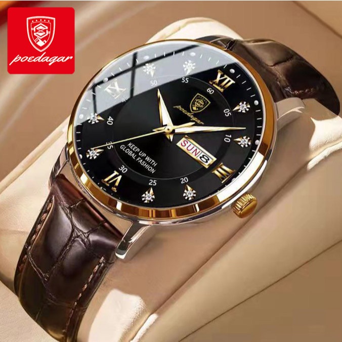 POEDAGAR นาฬิกาข้อมือผู้ชาย สายหนังสีน้ำตาล กันน้ำ มีไฟ 836
