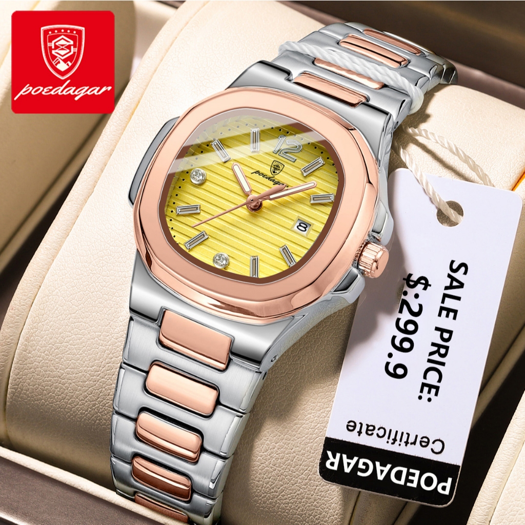 POEDAGAR นาฬิกาข้อมือผู้หญิง กันน้ำ 100% สายสเตนเลส นาฬิกาผู้หญิง สีขาว สีดำ ทอง เงิน แฟชั่น นาฬิกาหญิง 708