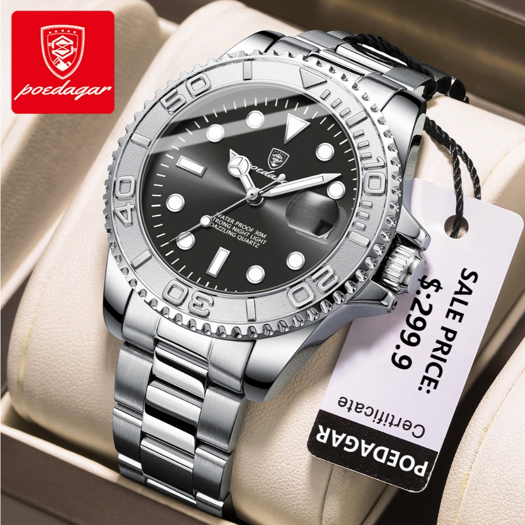 POEDAGAR นาฬิกาผู้ชายกันน้ำ สายสแตนเลส 100% แท้ รูปแบบธุรกิจ นาฬิกาควอตซ์ สีน้ำเ