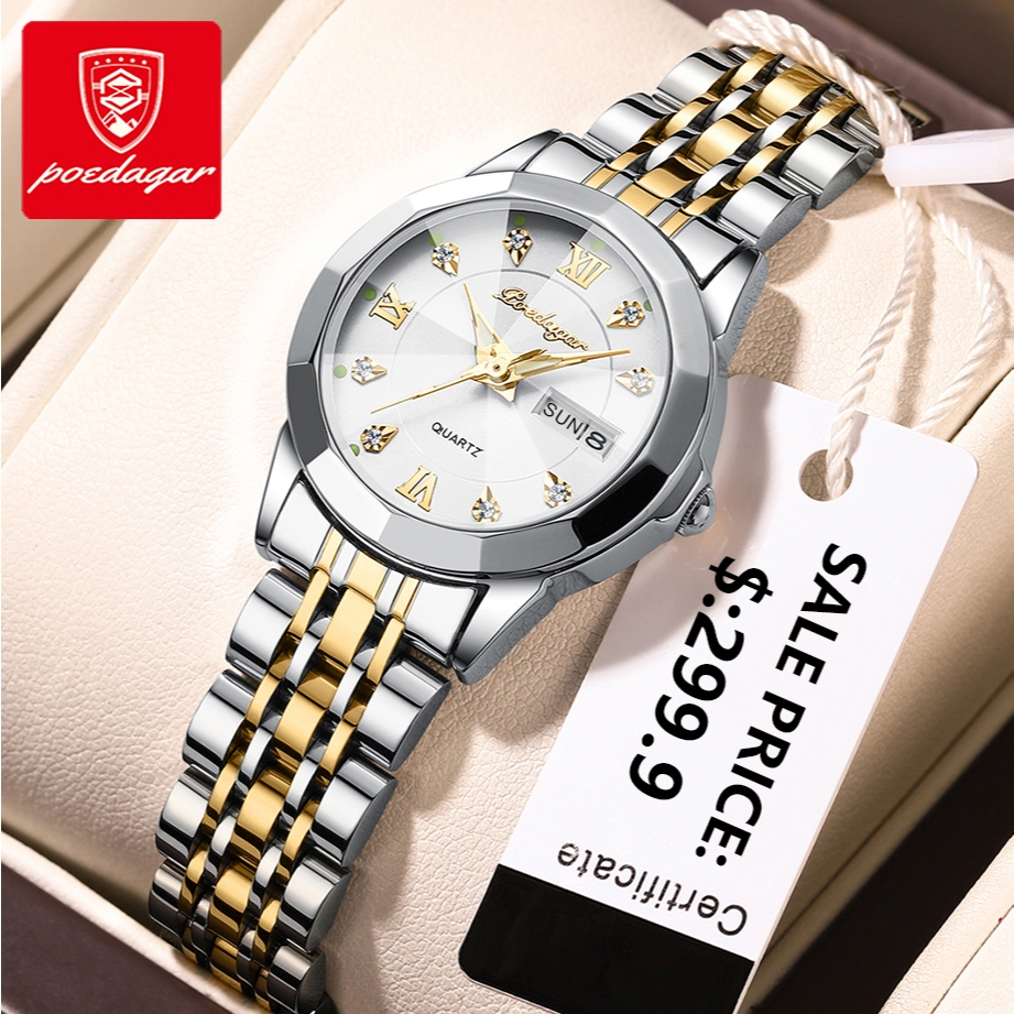 POEDAGAR นาฬิกาข้อมือผู้หญิง กันน้ํา 100% แท้ แฟชั่น แบรนด์เนม เล็ก สแตนเลส ส่อง