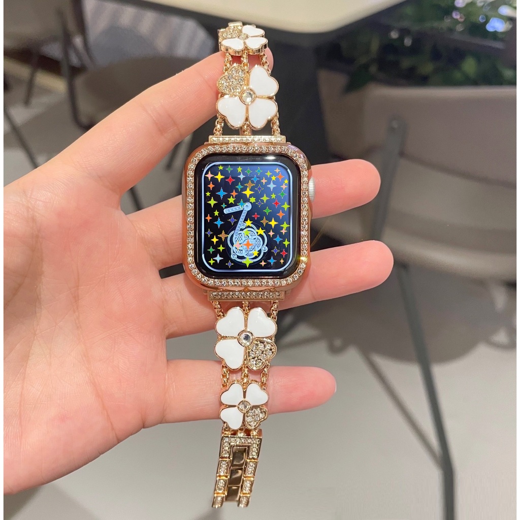 Clover Design Strap + case Diamond Metal iwatch Strap For Watch Series11 10 9 8 7 6 5 4 Size 41mm 45mm 38mm 40mm 42mm 44mm สาย i watch Strap and เคส i case