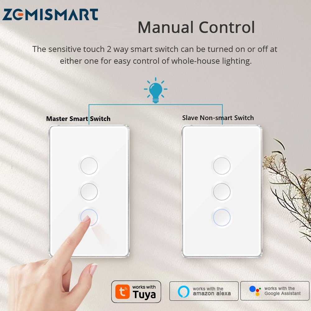 Zemismart Smart Tuya Wifi/Zigbee 2way Switch,Touch Neutral 3Way สวิตช์ไฟ,Alexa Voice,ปุ่มรูกระจกพร้อ