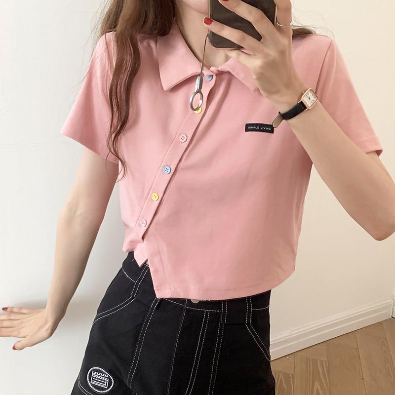เสื้อโปโลสําหรับผู้หญิงแขนสั้นเสื้อยืดเอวสูง บอดี้คอน ปุ่มด้านบนลง