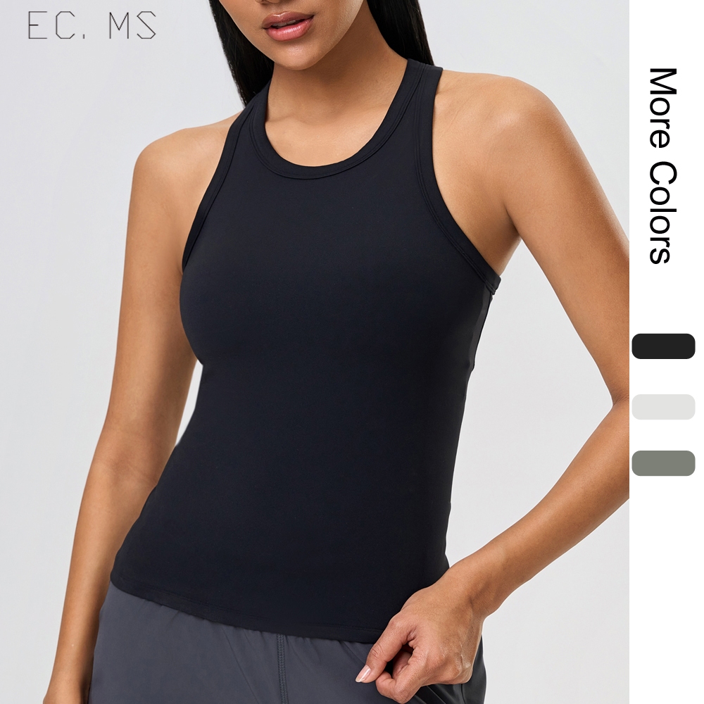 ผู้หญิงกีฬาถังเบาะ Onepiece สวมใส่รอบคอ Sleevless Slim การออกกําลังกาย Zumba โยคะวิ่งทุกวัน Top