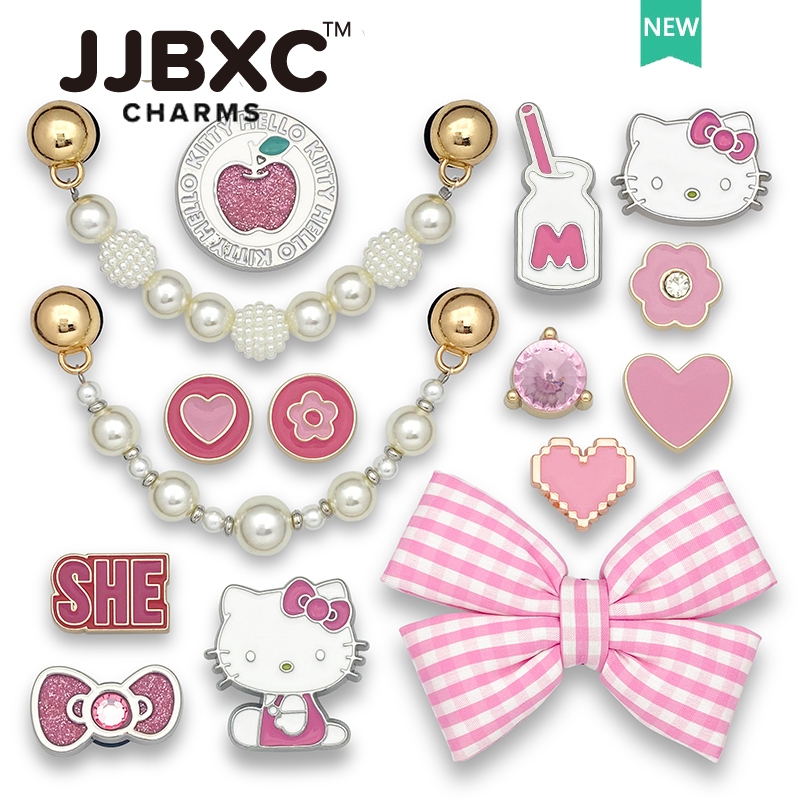 JJBXC ตัวติดรองเท้า charm โลหะ Hello Kitty โบว์สีชมพู เพชร หัวใจ น่ารัก แฟชั่น อุปกรณ์ตกแต่งรองเท้า