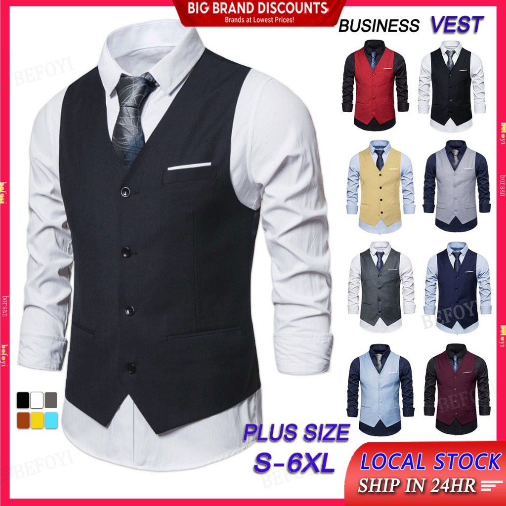 จัดส่งในพื้นที่ผู้ชายเสื้อกั๊กสูทเสื้อกั๊กสําหรับผู้ชายเดี่ยวธุรกิจเกาหลีอย่างเป็นทางการสลิมฟิตสํานักงานสีกากีสีดําขนาดบวก เอสเอสวี1