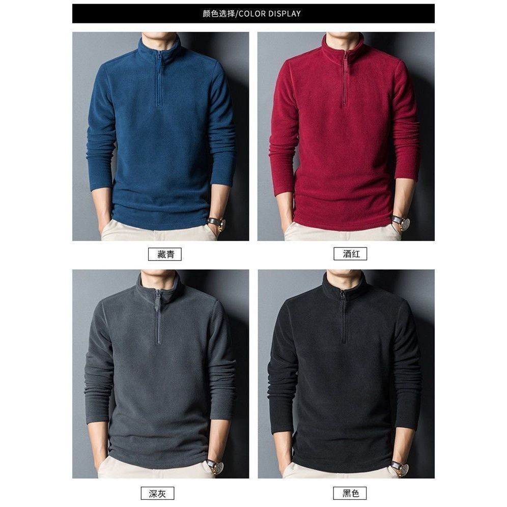 [AKL] ฤดูใบไม้ร่วงและฤดูหนาว เสื้อฮู้ด สีทึบ กำมะหยี่สองด้าน คอปกมีซิปครึ่งตัว ขนาดใหญ่ ผู้ชาย แฟชั่น แขนยาว เสื้อฮู้ด