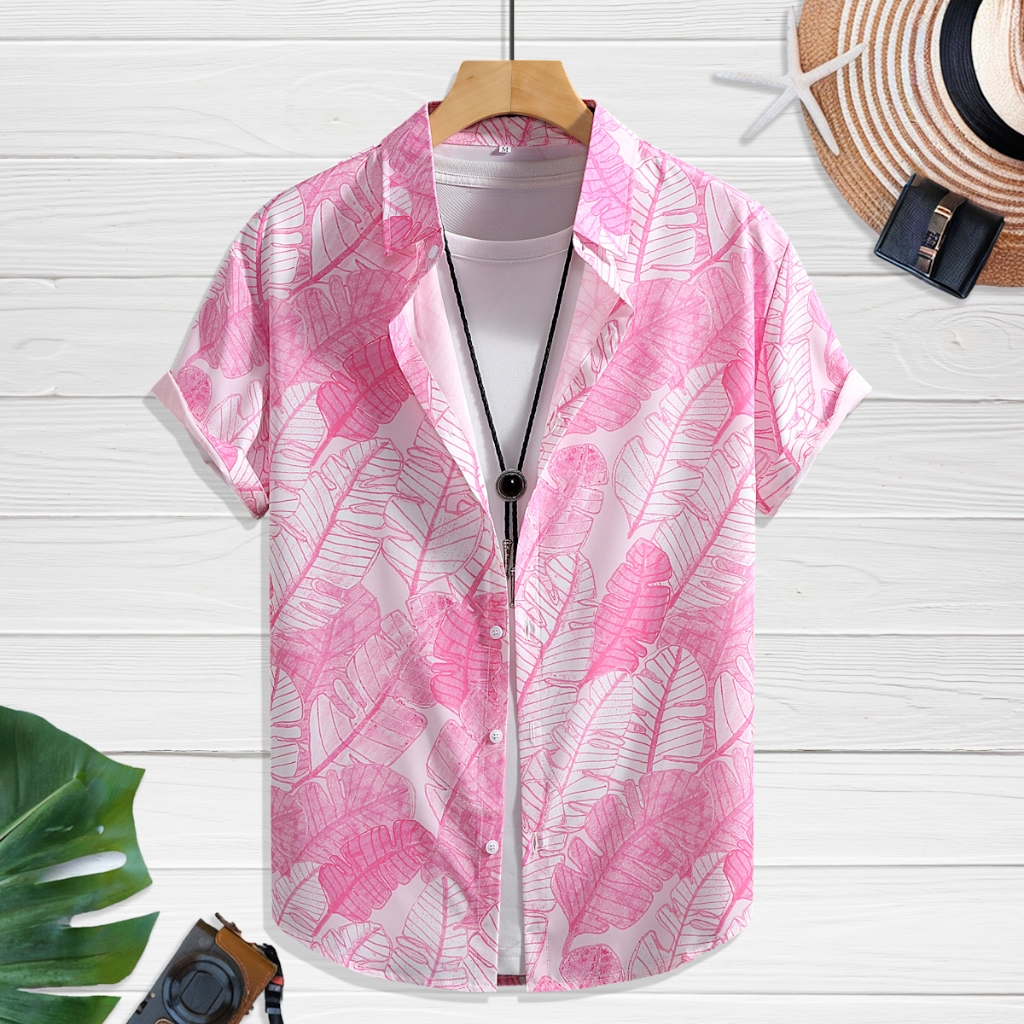ฤดูร้อนเสื้อเชิ้ตผู้ชายสีชมพูแขนสั้นลําลอง สีขาวใบเสื้อผ้าใหม่