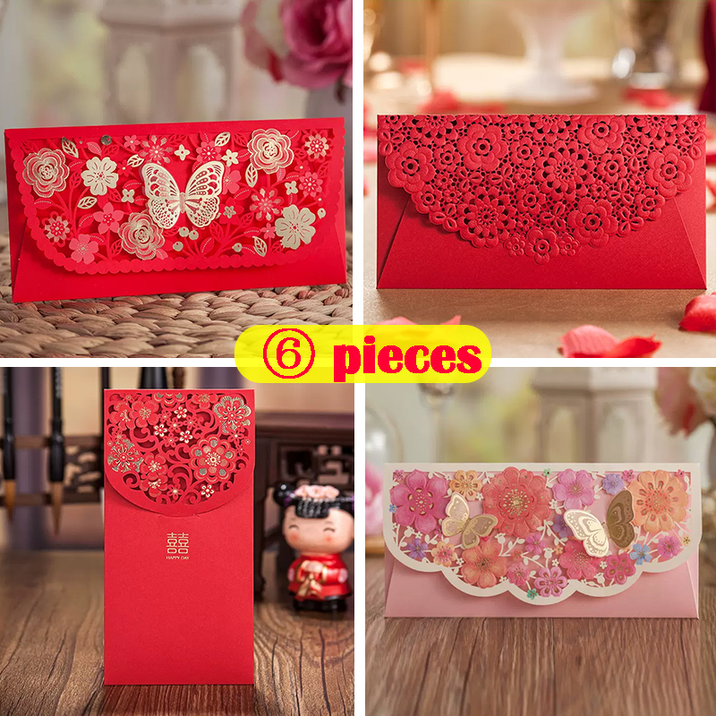 Angpao กระเป๋าซองจดหมาย ลายดอกไม้ ปีใหม่จีน 2022 2023 6 ชิ้น Angpao Wedding Red Packet Chinese New Year Angpow Cny Angpau  Pouch Money Envelope Bag Cute Happy Birthday Big Long Creative Hollowing Flower 2022 2023 Rabbit Year Gift Fu Xi