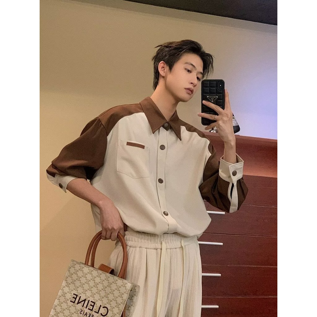 สไตล์ฮ่องกงสีจับคู่เสื้ออินเทรนด์ผู้ชายแขนยาวผู้ชายสบายๆฤดูใบไม้ผลิฤดูร้อน คนพาล หล่อเสื้อเกาหลีรุ่นหลวมคมชัดสีด้านบน