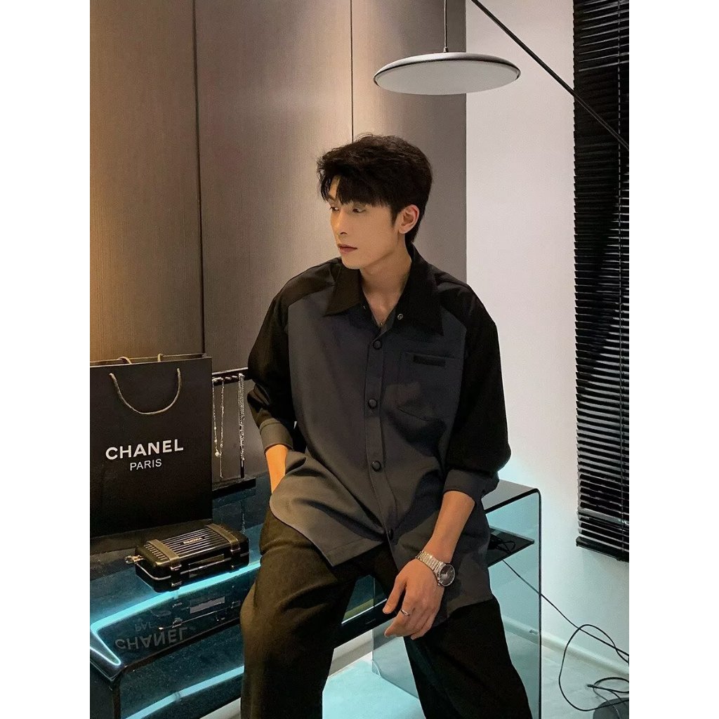 สไตล์ฮ่องกงสีจับคู่เสื้ออินเทรนด์ผู้ชายแขนยาวผู้ชายสบายๆฤดูใบไม้ผลิฤดูร้อน คนพาล หล่อเสื้อเกาหลีรุ่นหลวมคมชัดสีด้านบน