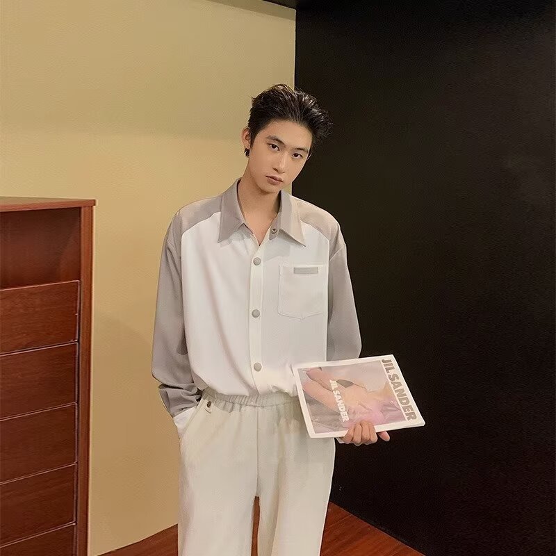 สไตล์ฮ่องกงสีจับคู่เสื้ออินเทรนด์ผู้ชายแขนยาวผู้ชายสบายๆฤดูใบไม้ผลิฤดูร้อน คนพาล หล่อเสื้อเกาหลีรุ่นหลวมคมชัดสีด้านบน