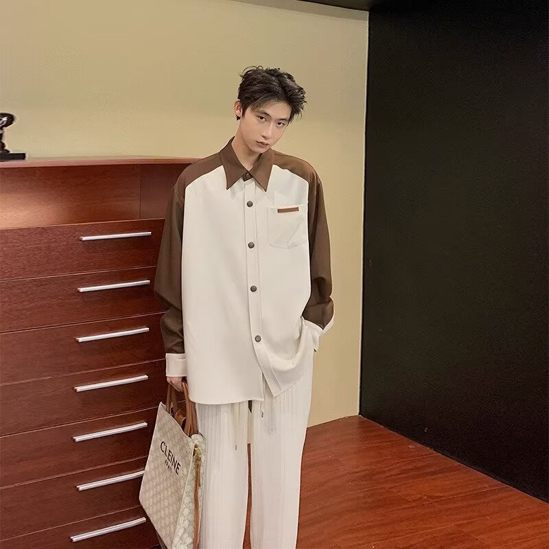 สไตล์ฮ่องกงสีจับคู่เสื้ออินเทรนด์ผู้ชายแขนยาวผู้ชายสบายๆฤดูใบไม้ผลิฤดูร้อน คนพาล หล่อเสื้อเกาหลีรุ่นหลวมคมชัดสีด้านบน