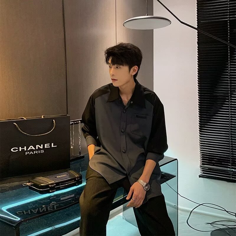 สไตล์ฮ่องกงสีจับคู่เสื้ออินเทรนด์ผู้ชายแขนยาวผู้ชายสบายๆฤดูใบไม้ผลิฤดูร้อน คนพาล หล่อเสื้อเกาหลีรุ่นหลวมคมชัดสีด้านบน