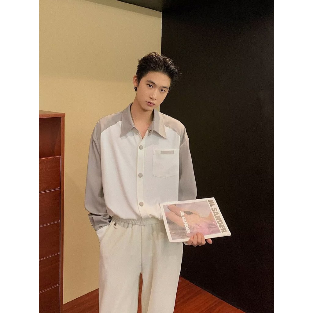 สไตล์ฮ่องกงสีจับคู่เสื้ออินเทรนด์ผู้ชายแขนยาวผู้ชายสบายๆฤดูใบไม้ผลิฤดูร้อน คนพาล หล่อเสื้อเกาหลีรุ่นหลวมคมชัดสีด้านบน