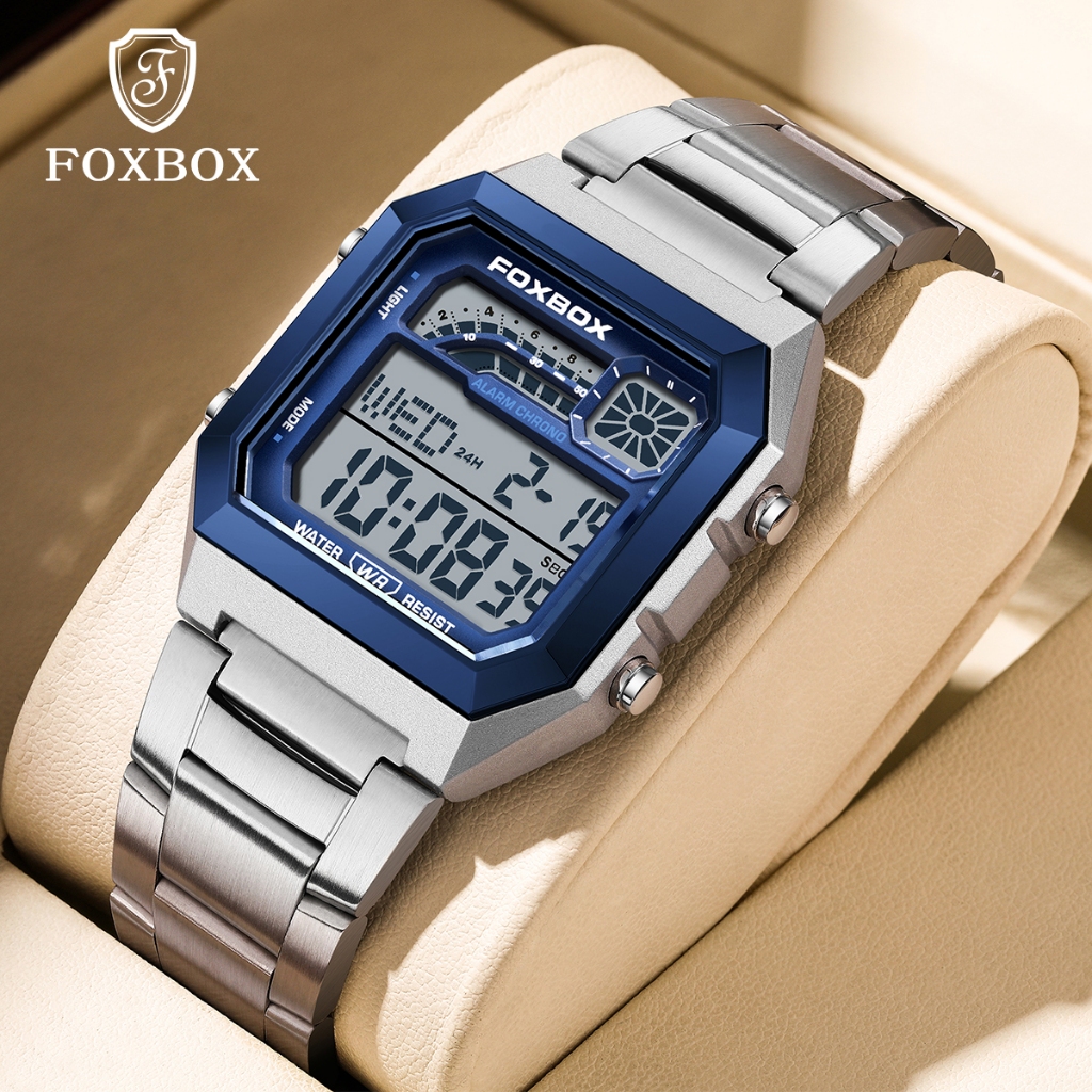 Foxbox นาฬิกาแฟชั่นผู้ชายเดิมกันน้ํากีฬาสแตนเลสนาฬิกาข้อมือดิจิตอล
