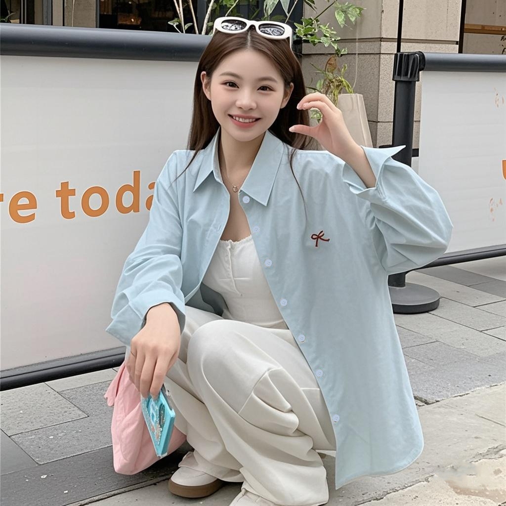 Laterme 5 สี เสื้อเชิ้ตผู้หญิง แขนยาวปักโบว์เข้าชุดสไตล์เกาหลี