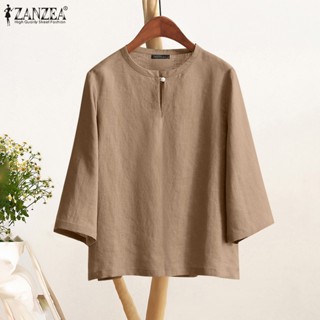 Zanzea เสื้อเบลาส์ปุ่มแขนสามส่วนสีทึบเกาหลีสําหรับผู้หญิง