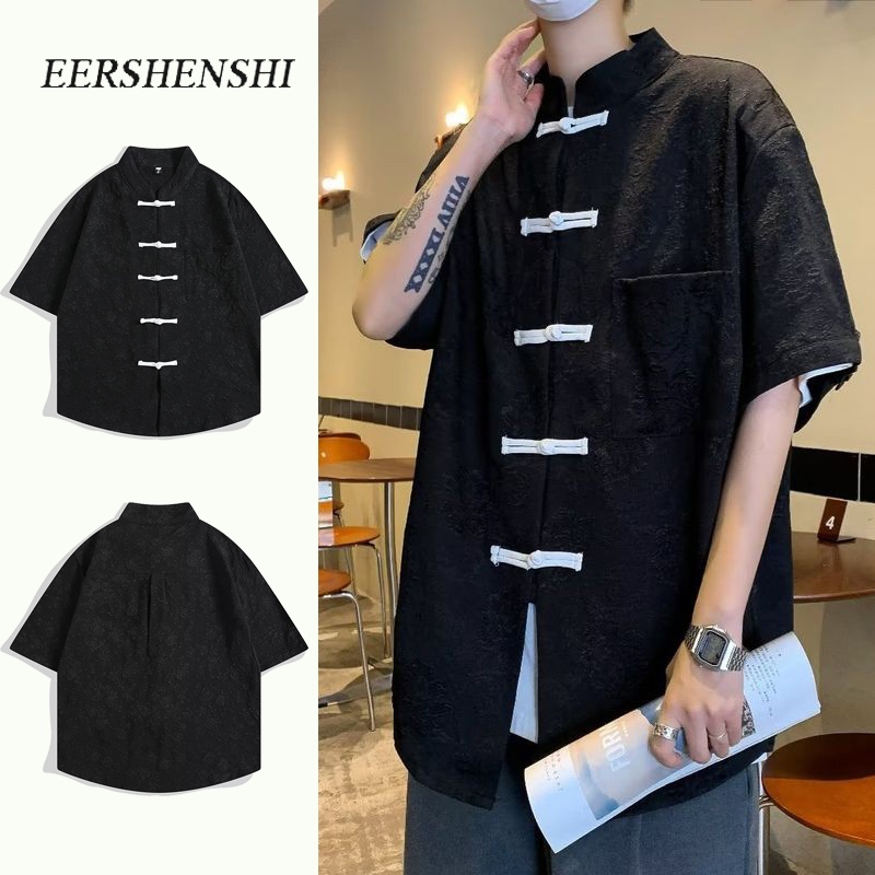 Eershenshine เสื้อเชิ้ตผู้ชายจีนใหม่แขนสั้น เสื้อเชิ้ตหัวเข็มขัดสไตล์ย้อนยุค