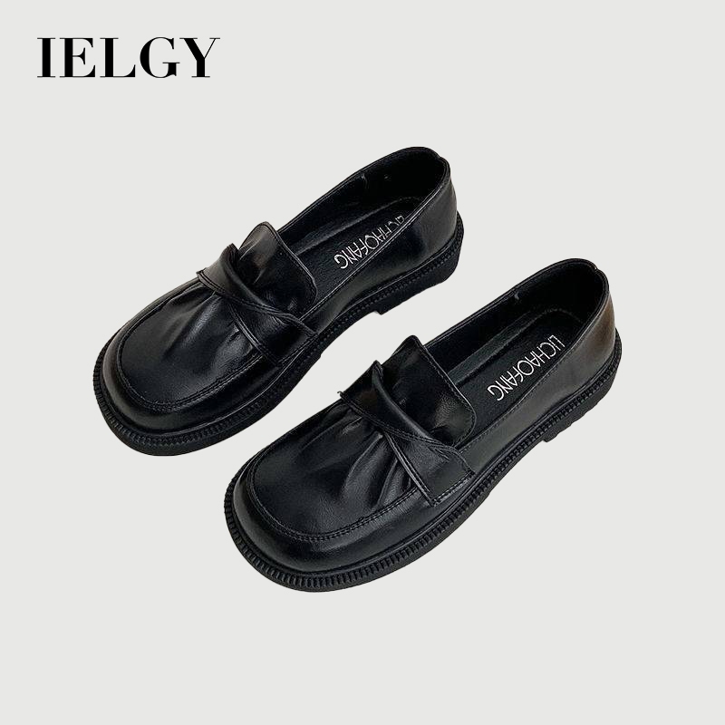IELGY รองเท้าแมรี่เจนผู้หญิง หนังสีดํา ส้นแบน สไตล์อังกฤษ