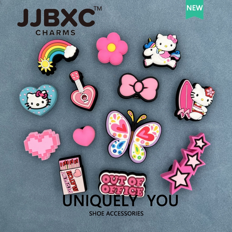 JJBXC ตัวติดรองเท้า charm ปรับตัวอย่างเป็นทางการรองเท้าพิเศษด้านบนตกแต่งหัวเข็มขัดชุดหัวใจผีเสื้อ โบว์สีชมพู กีตาร์ อุปกรณ์ตกแต่งรองเท้า