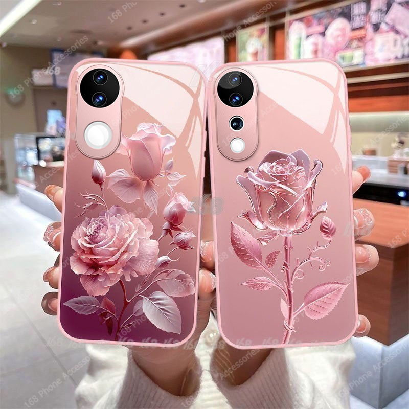 เคส Vivo V50 V40 V30 Y200 5G เคส Vivo V40 V30 Pro น่ารักกุหลาบกันกระแทกพร้อมฝาครอบกล้องป้องกันเลนส์สายคล้องเชือกเส้นเล็กสีเมทัลลิกซิลิโคนหรูหราแก้วเคสโทรศัพท์สําหรับสาวผู้หญิง