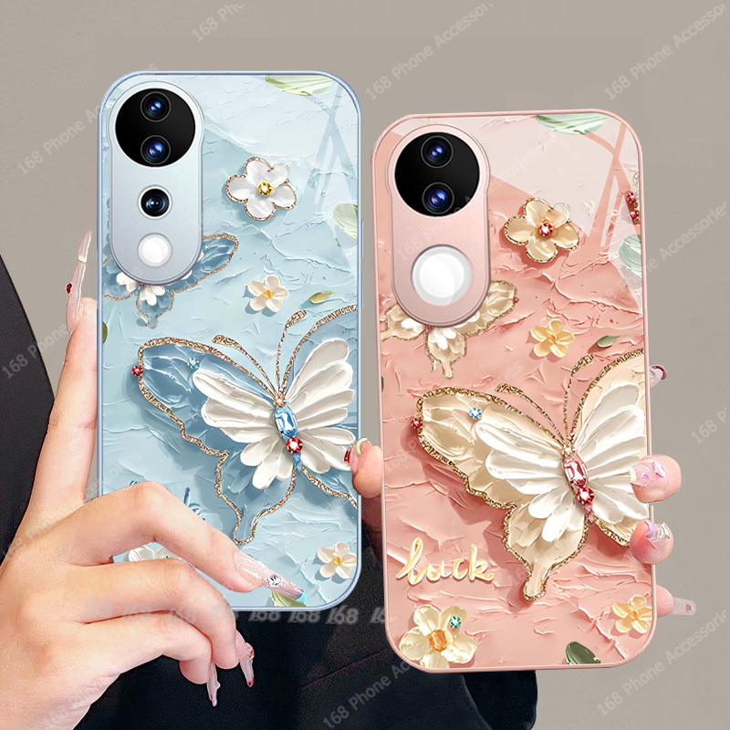 เคส Vivo V50 V60 Lite V60 V50 V40 Y200 V30 V29 5G เคส Vivo V30 V40 Pro เคสกันกระแทกน่ารักผีเสื้อภาพวาดสีน้ํามันสไตล์ฝาครอบกล้องฟิล์มป้องกันหรูหราของเหลวแก้วโทรศัพท์เคสสําหรับสาวผู้หญิง