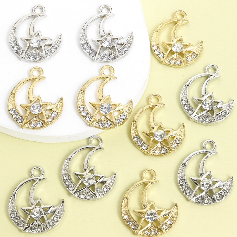 10 ชิ้นรอมฎอน Star & Moon Charms พร้อม Rhinestones เงาฝัง, อารมณ์ Clavicle CHAIN, สร้อยคอ, สร้อยข้อมือ, ต่างหูและแขวนตกแต่ง DIY Hollow Design จี้โลหะผสม