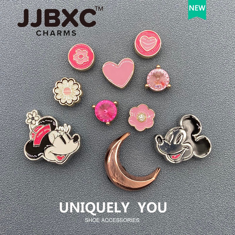 JJBXC ตัวติดรองเท้า charm โลหะหัวใจสีชมพู การ์ตูนหนู ดีไซน์พรีเมียม แฟชั่นน่ารัก สไตล์ DIY อุปกรณ์ตกแต่งรองเท้า