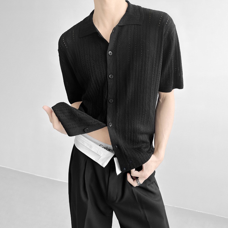 สไตล์อเมริกันกลวงถักผู้ชายฤดูร้อนแฟชั่นคาร์ดิแกนระบายอากาศแขนสั้นแฟชั่นที่เรียบง่ายสบายๆหลวมปกแขนสั้นผู้ชายและผู้หญิง