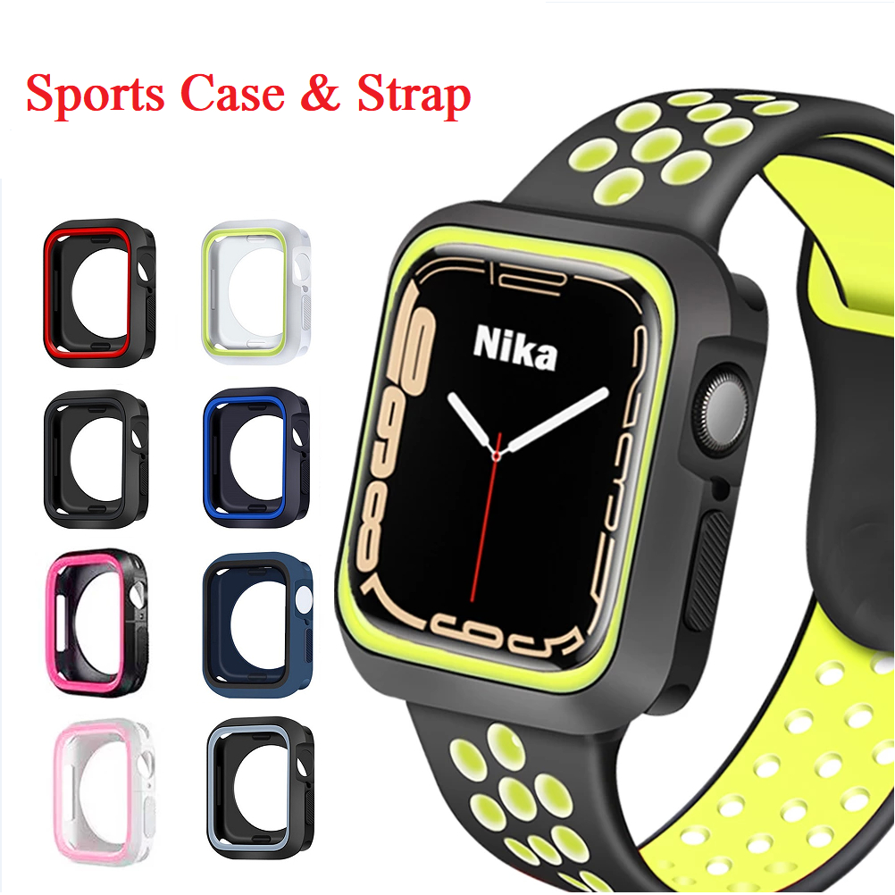 สาย applewatch and เคส Compatible For applewatch Sports Rubber iWatch Series 7 Case i watch strap Si