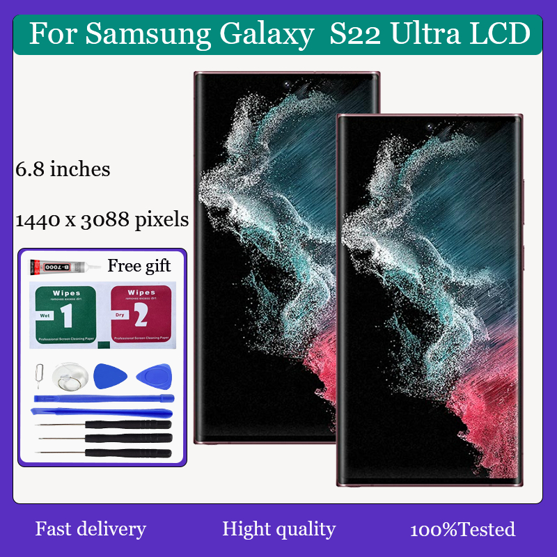 Original AMOLED สําหรับ Samsung Galaxy S22 Ultra 5G จอแสดงผล LCD หน้าจอสัมผัสพร้อมการเปลี่ยนกรอบ
