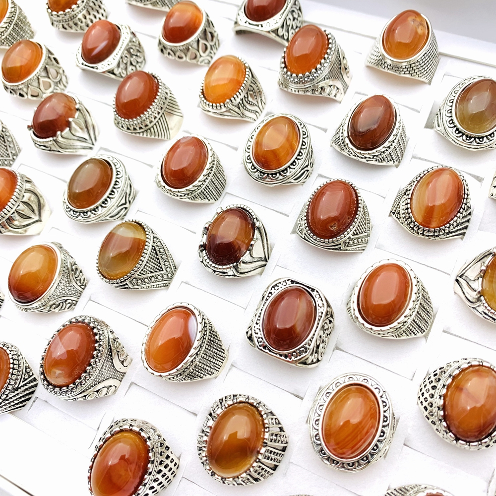 20ชิ้นธรรมชาติสีแดงอาเกตหินแหวนสําหรับผู้ชายและผู้หญิงสีเงินสไตล์ชาติพันธุ์แฟชั่นเครื่องประดับมาก