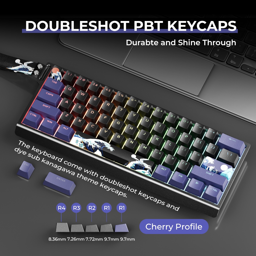 Xvx H61 60% เปอร์เซ็นต์คีย์บอร์ดพร้อมสายอลูมิเนียมคีย์บอร์ดเกม Hot Swappable Kanagawa อะนิเมะ PBT Keycaps