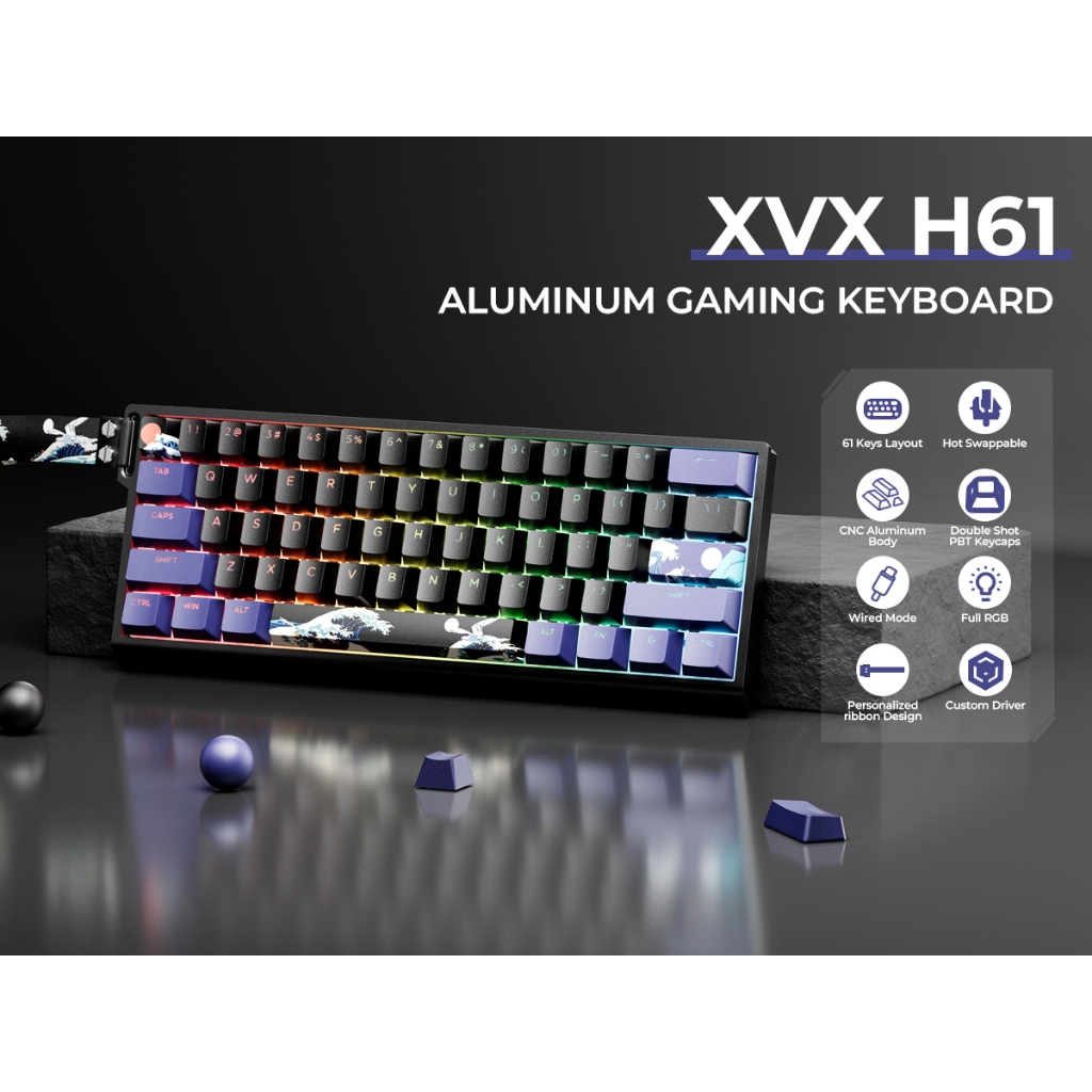 Xvx H61 60% เปอร์เซ็นต์คีย์บอร์ดพร้อมสายอลูมิเนียมคีย์บอร์ดเกม Hot Swappable Kanagawa อะนิเมะ PBT Keycaps