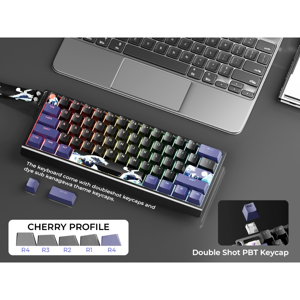 Xvx H61 60% เปอร์เซ็นต์คีย์บอร์ดพร้อมสายอลูมิเนียมคีย์บอร์ดเกม Hot Swappable Kanagawa อะนิเมะ PBT Keycaps