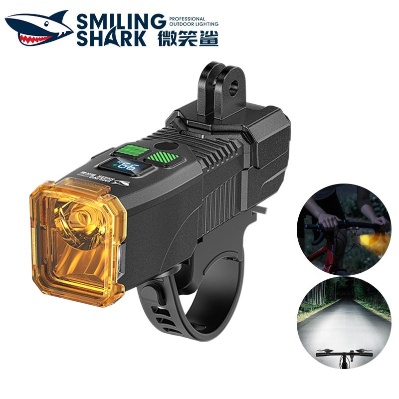 SmilingShark QXD410 ไฟจักรยาน ด้วยทรัมเป็ตและกระจกป้องกันหมอกที่ถอดออกได้และการควบคุมแสงอัจฉริยะ 8 โหมด แสงสองเท่า Type-C แบบชาร์จได้ กันน้ำสำหรับการขี่กลางคืน