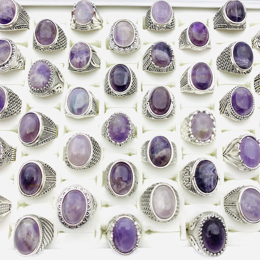 10pcs Elegant Mens แหวนสตรีสีม่วงหินธรรมชาติสีเงินแกะสลักรูปแบบแฟชั่นเครื่องประดับนิ้ว