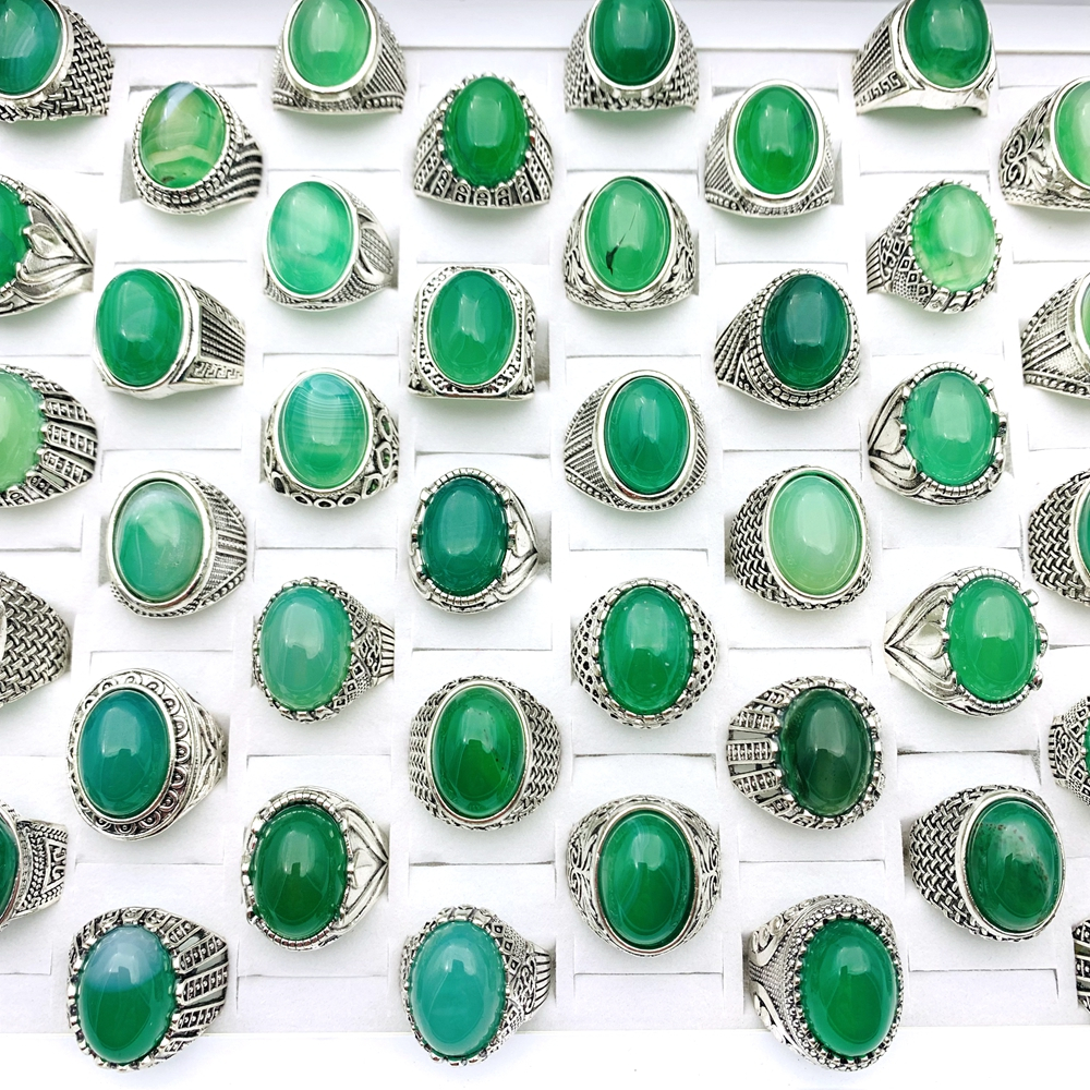 10ชิ้น แหวนสําหรับผู้ชายและผู้หญิงหินธรรมชาติอาเกตสีเขียวสีเงินแกะสลักดอกไม้แบบเครื่องประดับแฟชั่นอุปกรณ์เสริม