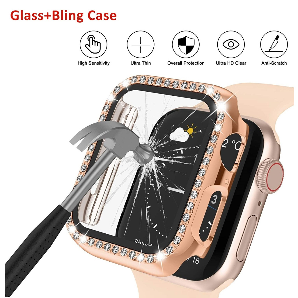 เคส applewatch Case ระยิบระยับ รูปสี่เหลี่ยมขนมเปียกปูน Hard PC+Tempered Glass Cover เคส i watch cas