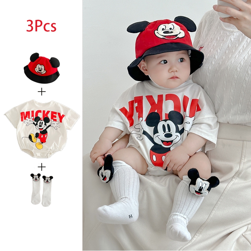 เสื้อผ้าเด็กแรกเกิด Jumpsui 3 ชิ้น Disney Mickey Mouse 0-24 เดือนเด็กทารกการ์ตูนเสื้อผ้า Romper