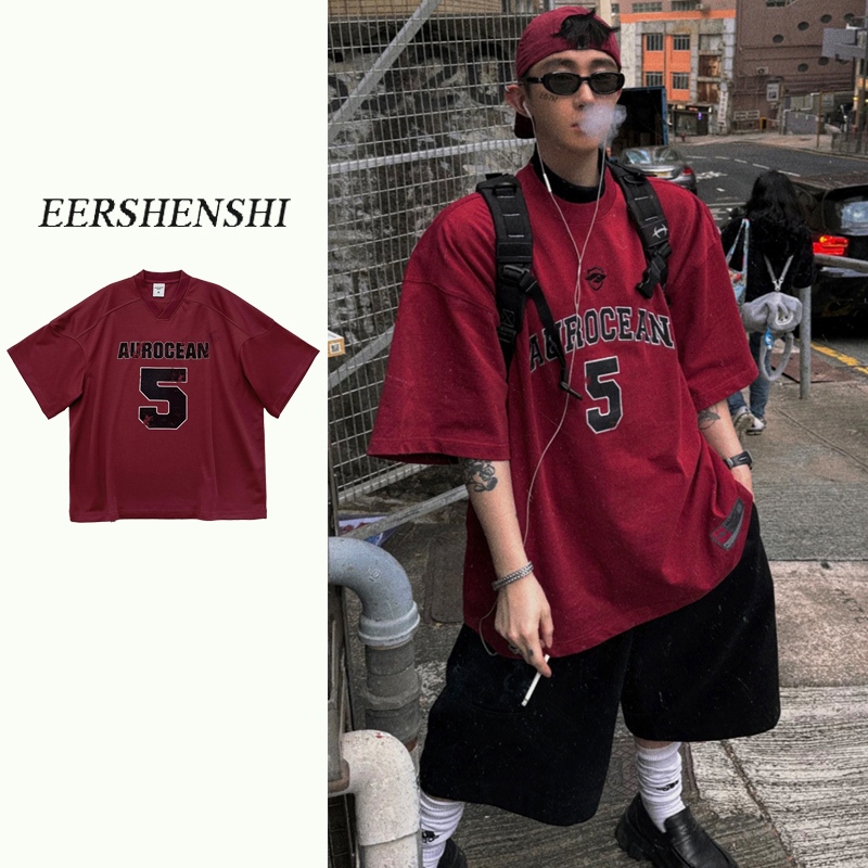 Eershenshi รอบอินเทรนด์ฤดูร้อนเสื้อเยาวชนวิเกอรัส เสื้อยืดผ้าฝ้ายแท้ Retro สีแดงขนาดใหญ่รุ่น Ball ชุดแขนสั้น